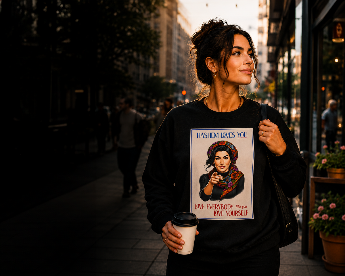 Woman wearing a black “Hashem Loves You” graphic sweatshirt by In God We Love on a sunlit city street.